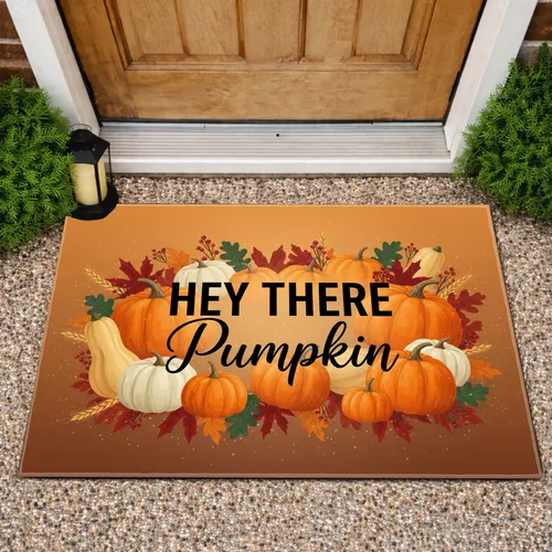 HEY THERE Pumpkin Gourds Fall Foliage Berries - Autumn Harvest Home Decor Gift Doormat