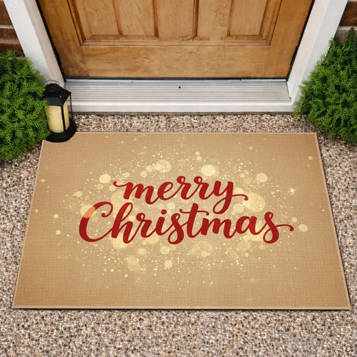 Merry Christmas Script Golden Bokeh - Christmas Holiday Season Doormat