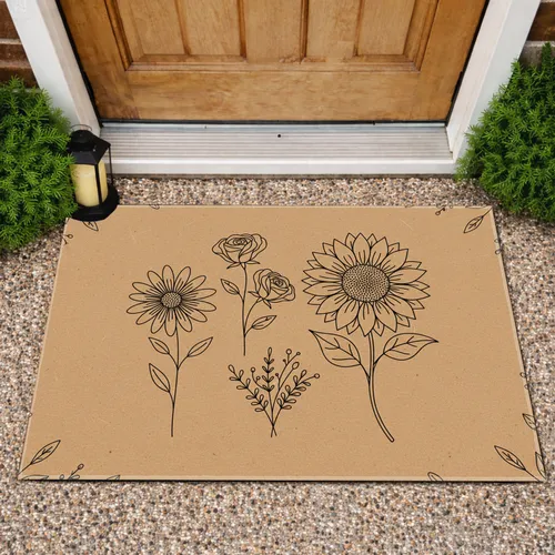 Sunflower Rose Daisy Floral Black Outline Brown Background - Home Decor Gift Doormat