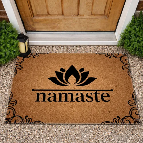 Lotus Flower Namaste Scrollwork Jute Texture - Yoga Meditation Home Decor Gift Doormat