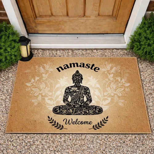 Namaste Welcome Meditating Buddha Silhouette Lotus Pose - Spiritual Yoga Home Decor Doormat