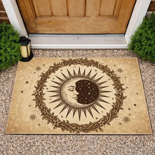 Classic Earthy Textured Moon Sun Wreath Emblem - Timeless Celestial Home Decor Gift Doormat