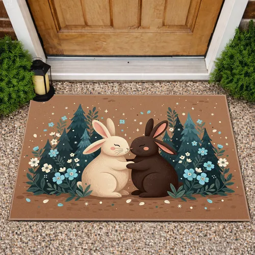 Two Rabbits Embracing Forest Pine Trees - Wildlife Lover Home Decor Gift Doormat