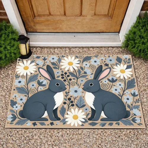 Rabbits Daisy Flowers Botanical - Wildlife Lover Home Decor Gift Doormat