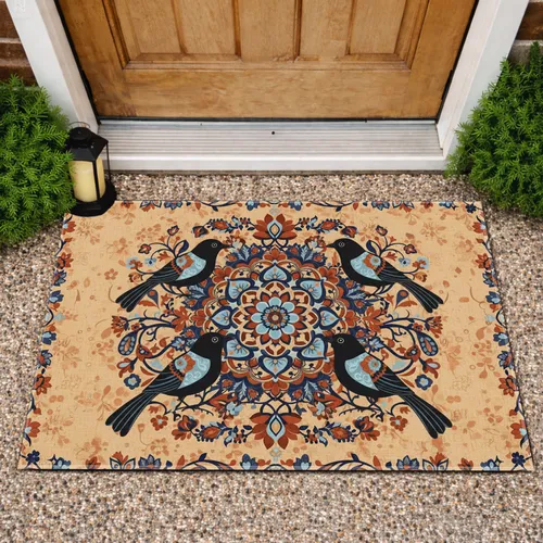 Black Birds Mandala Geometric Floral Folk Art Vines - Home Decor Gift for Bird Lovers Doormat