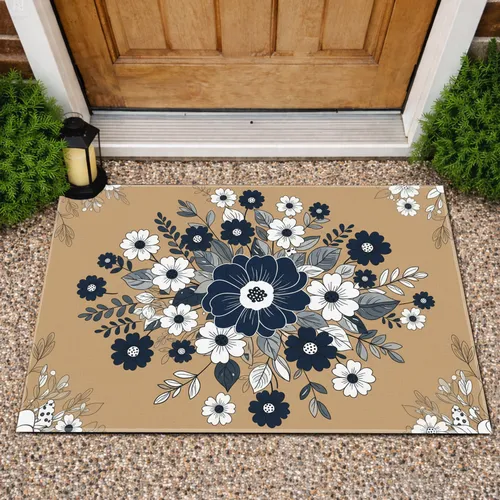 Lush Organic Floral Leaves Deep Navy White - Home Decor Gift Doormat