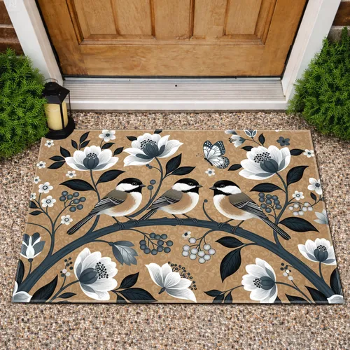 Chickadee Birds Blooming Flowers Butterfly - Home Garden Decor Wildlife Gift Doormat