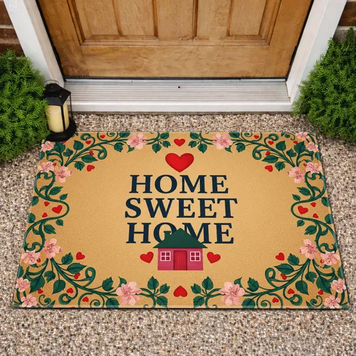 Home Sweet Home Pink House Red Hearts Green Leaf Floral Vine - Home Decor Gift Doormat