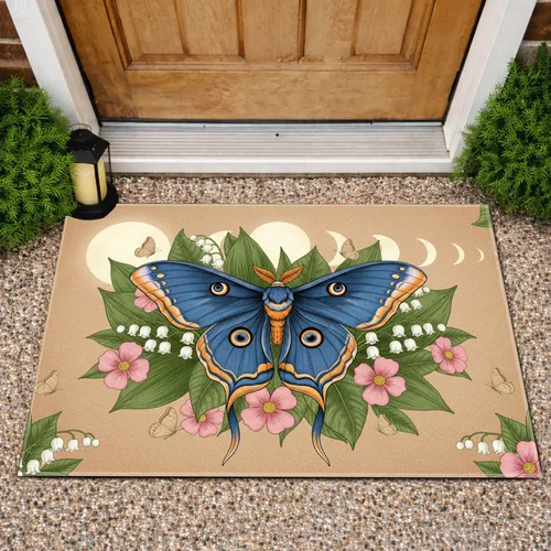 Blue Atlas Moth Celestial Moons Garden Flowers - Nature Lover Home Decor Gift Doormat