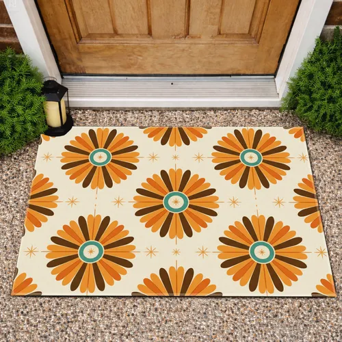 Mid-Century Modern Sunbursts Teal Golden Orange Decor Gift Doormat