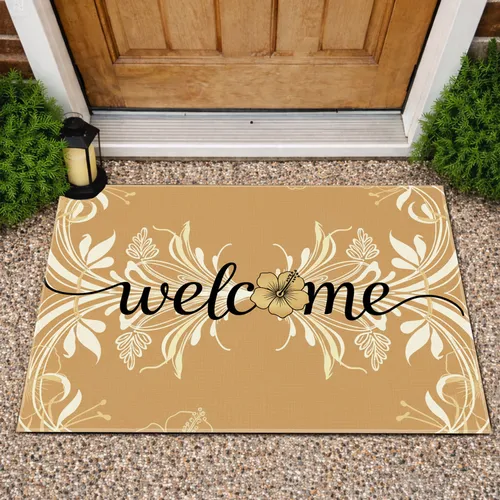 Welcome Golden Hibiscus Art Nouveau Botanical Home Decor Gift Doormat