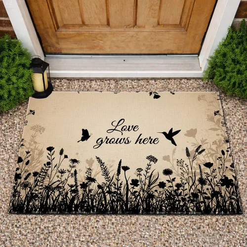 Love Grows Here Wildflower Meadow Butterfly Hummingbird Garden Decor Gift Doormat