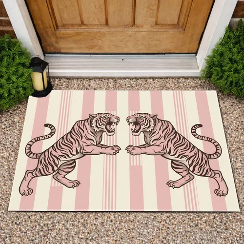 Two Mirrored Roaring Tigers Wide Jaws Curled Tails Vertical Stripes Home Decor Gift Doormat