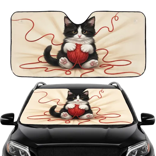 Black White Tuxedo Kitten Playful Red Yarn - Everyday Car Decor Gift for Cat Lovers Car Sunshade