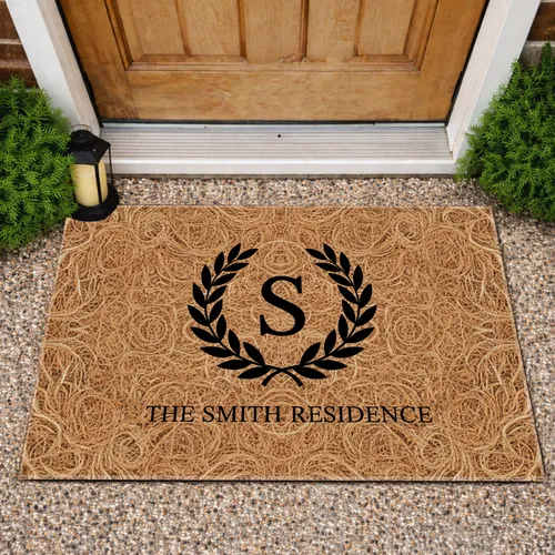 Custom Family Name Residence Wreath Letter Monogram - Family Home Decor Gift Doormat