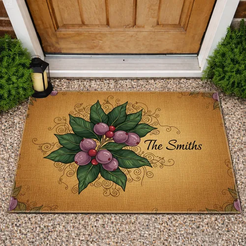 Custom Family Name Leafy Branch Berries - Home Decor Gift Doormat