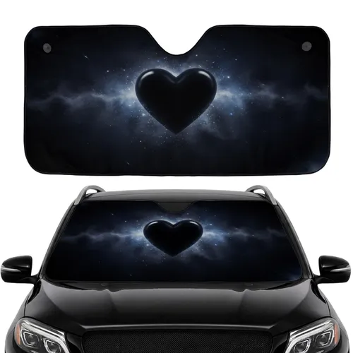 Deep Black Symmetrical Glossy Heart Pure White Stars Midnight Blue Nebula - Travel Essentials Car Sunshade