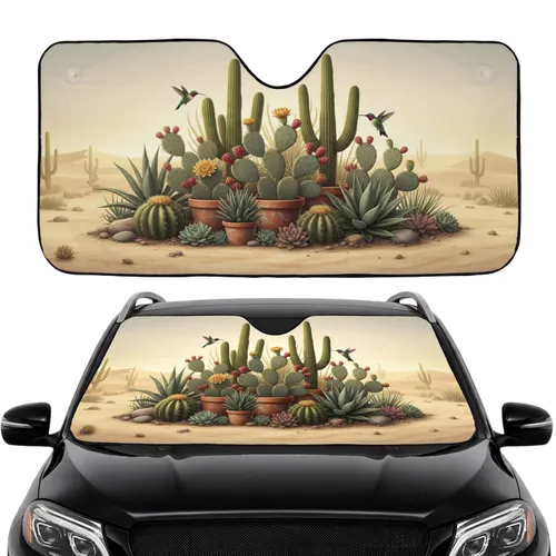 Desert Cacti Succulents Garden Hummingbird - Nature Lover Gift for Plant Lovers Car Sunshade