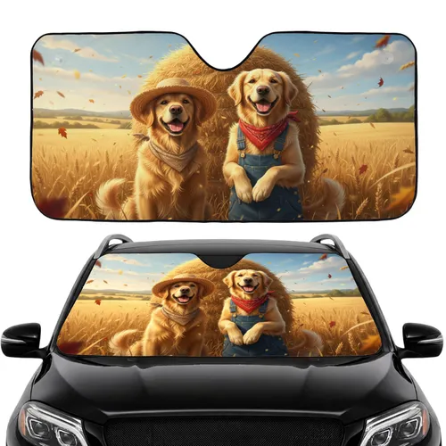 Smiling Golden Retrievers Straw Hat Overalls Hay Bale Field - Pet Parent Gift Car Sunshade