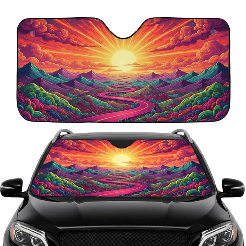 Radiant Sun Psychedelic Mountain Road Landscape - Outdoor Travel Essential Car Sunshade
