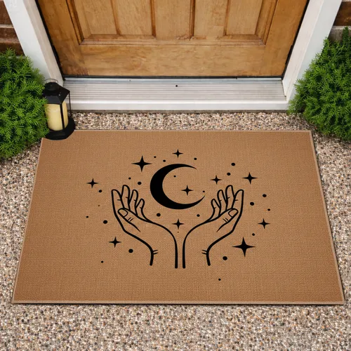 Cupped Hands Crescent Moon Celestial Stars Spiritual Home Decor Gift Doormat