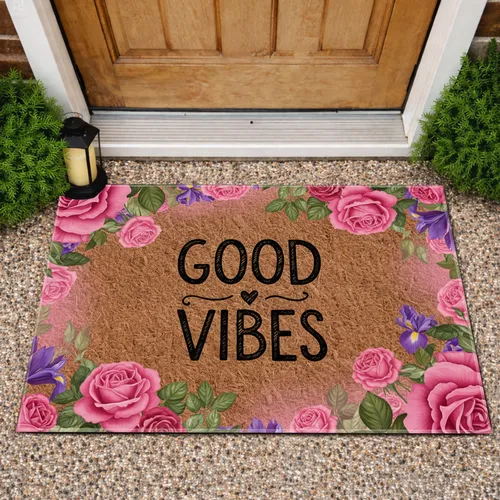 Good Vibes Heart Pink Rose Purple Iris Garden Floral - Positive Home Decor Gift Doormat