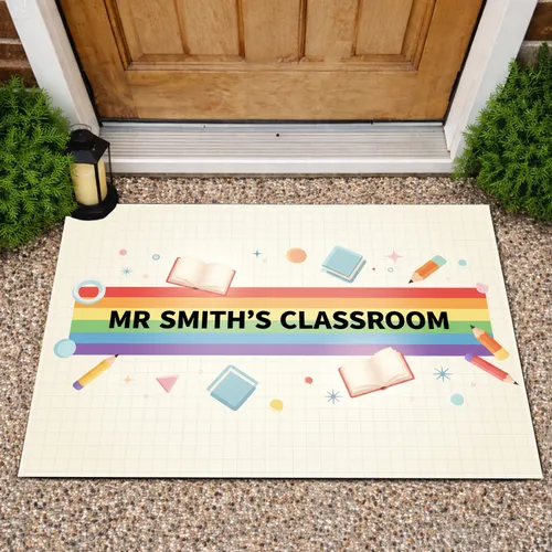 Custom Teacher's Name Classroom Rainbow Learning Motifs - Classroom Decor Doormat