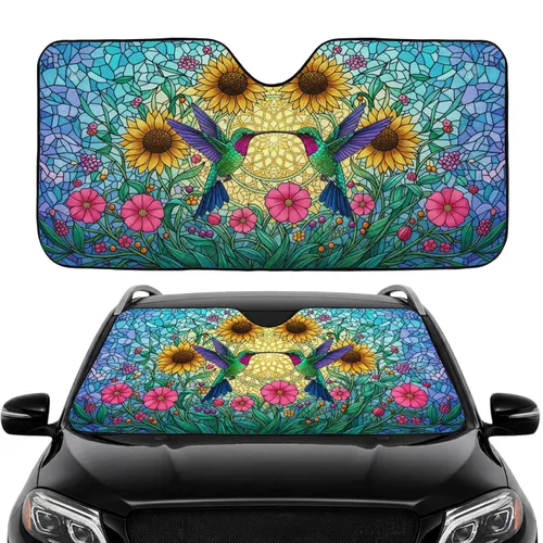 Iridescent Hummingbirds Floral Stained Glass Golden Sunflowers - Nature Lover Gift Car Sunshade