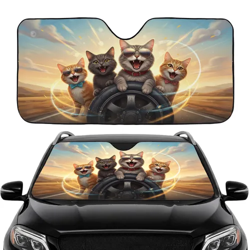 Joyful Tabby Cats with Sunglasses - Travel Essentials Car Sunshade