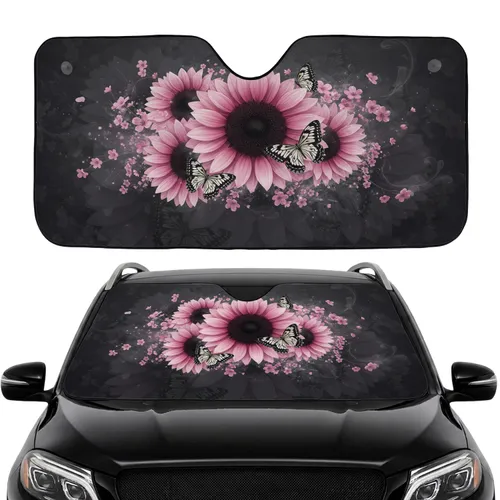 Pink Sunflowers Black Butterflies Delicate Florets - Car Interior Accent Gift Car Sunshade