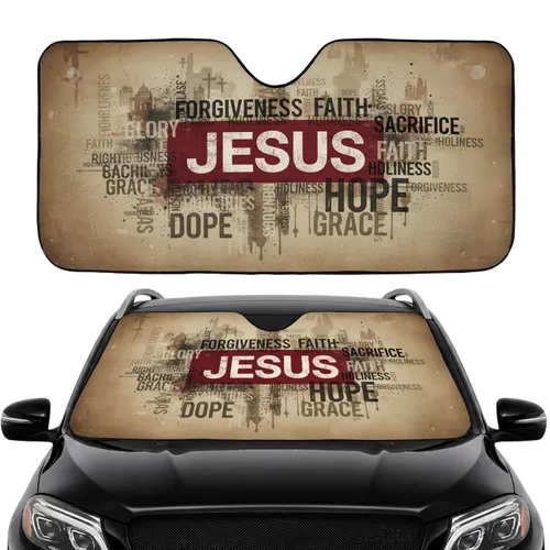 Jesus Crimson Banner Faith Words - Spiritual Expression Gift for Believers Car Sunshade