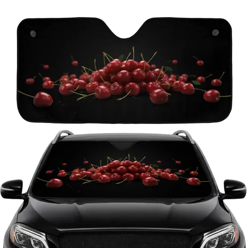 Ripe Red Cherries Glistening Fruit Green Stems Deep Black Background - Luxury Car Decor Gift Car Sunshade