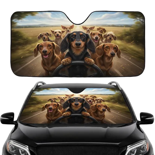 Dachshund Pack Open Road Countryside Highway - Dog Lover Gift Car Sunshade