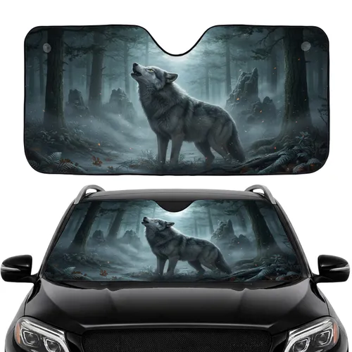 Majestic Grey Wolf Howling Ancient Forest Twilight Full Moon - Wildlife Lover Gift Car Sunshade