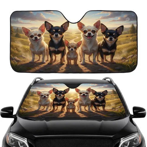 Five Chihuahuas Rolling Hills Landscape - Adventure Seeker Gift for Dog Lover Car Sunshade