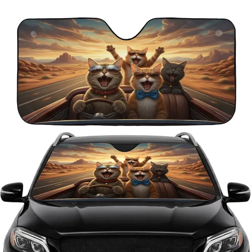 Four Expressive Cats Road Trip Dramatic Desert Sunset Travel Essentials Cat Lover Gift Car Sunshade