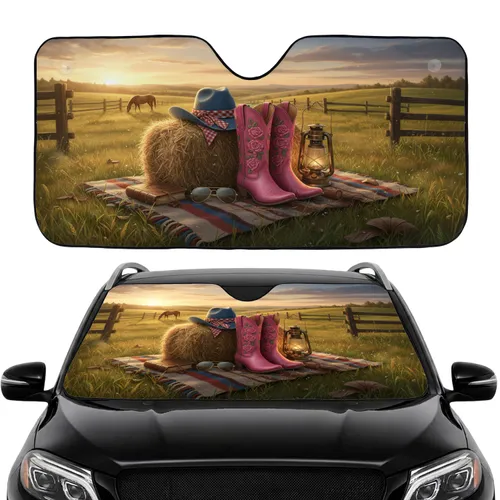 Cowboy Boots Hat Ranch Landscape - Western Lifestyle Gift for Cowboy Lover Car Sunshade