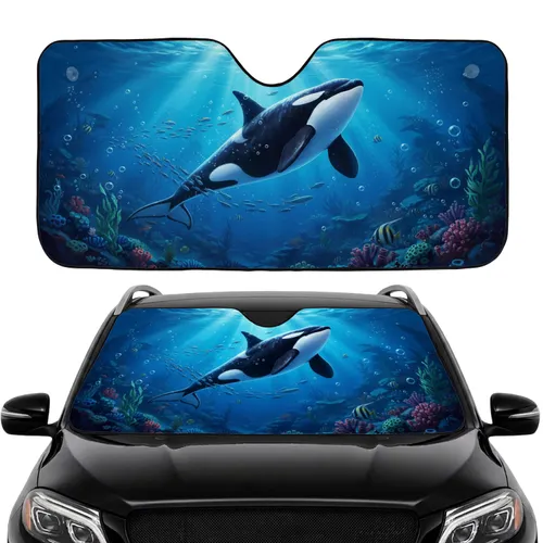 Black White Orca Killer Whale Deep Ocean Coral Reef Kelp Fish Scene - Ocean Lover Gift Car Sunshade