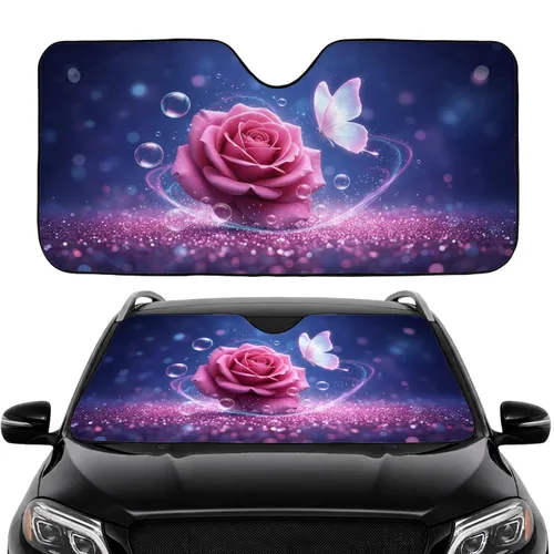 Pink Rose White Butterfly Blue Purple Gradient Iridescent Bubbles - Car Decor Gift Car Sunshade