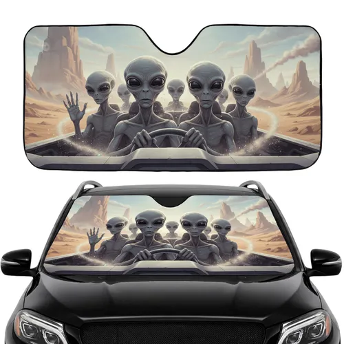 Five Grey Aliens Driving Cosmic Desert Adventure - Futuristic Sci-Fi Fan Gift Car Sunshade