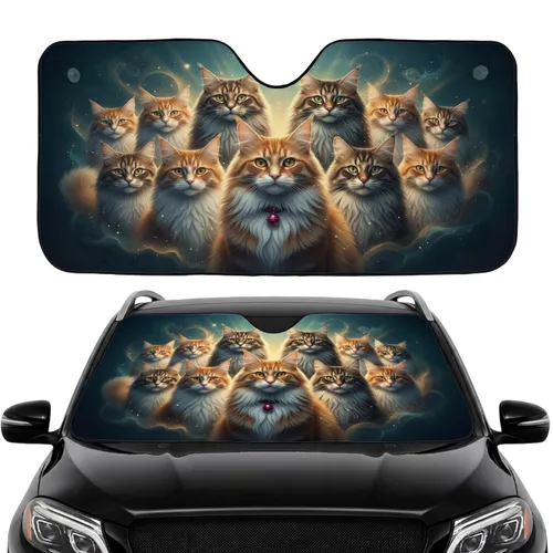 Fluffy Majestic Long-Haired Ginger Tabby Calico Cats with Red Bell Collar - Cat Lover Gift Car Sunshade