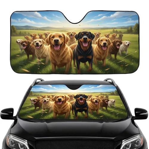 Diverse Dogs Golden Lab Rottweiler Sunny Landscape - Dog Lover Gift Car Sunshade