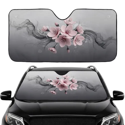 Pink Flowers Dark Tendrils Black Ink Smoke Swirls - Car Decor Everyday Style Gift Car Sunshade