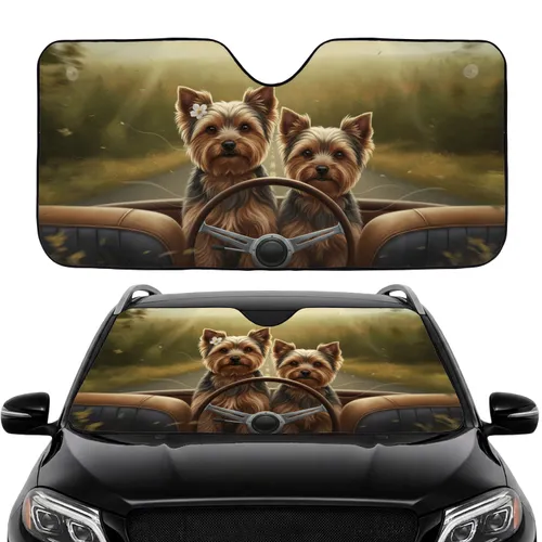 Yorkshire Terriers White Flower Golden Hour Journey - Dog Lover Driver Lifestyle Gift Car Sunshade