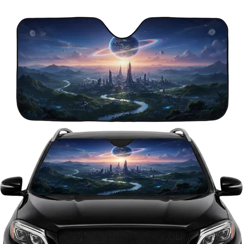 Futuristic Exoplanet Cityscape Rainbow Ring - Sci-Fi Lover Travel Essential Car Sunshade