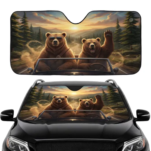 Funny Grizzly Bears Driving Road Trip - Wildlife Lover Travel Gift Car Sunshade