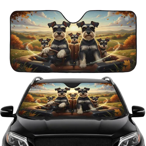Miniature Schnauzers Driving Puppies Countryside Road Trip Adventure Gift for Dog Lovers Car Sunshade