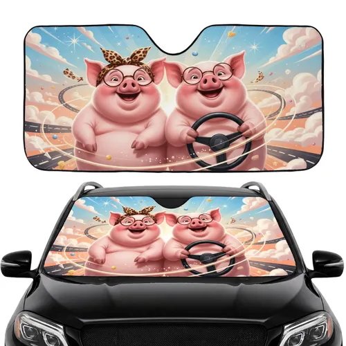 Plump Pigs Steering Wheel Road Trip - Travel Essentials Gift for Pig Lovers Car Sunshade