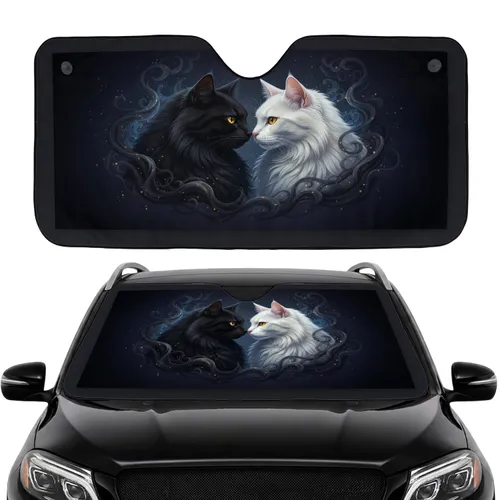Black White Long-Haired Cats Golden Eyes Noses Touching - Feline Lover Auto Accessory Car Sunshade