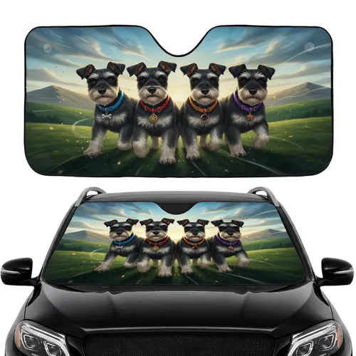 Four Schnauzer Dogs Rolling Hills Sky - Pet Owner Adventure Gift Car Sunshade